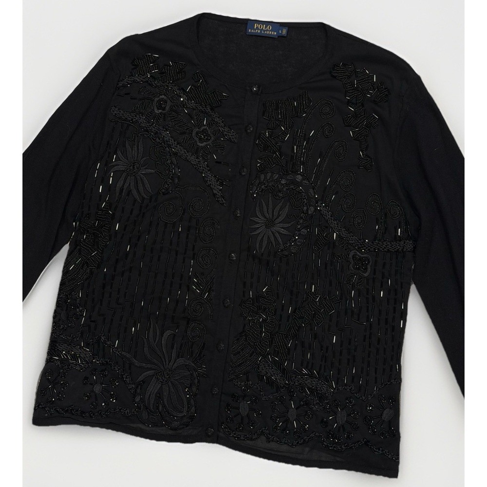 POLO Ralph Lauren Sequin Embellished Silk Cashmere Black Cardigan Size Large
